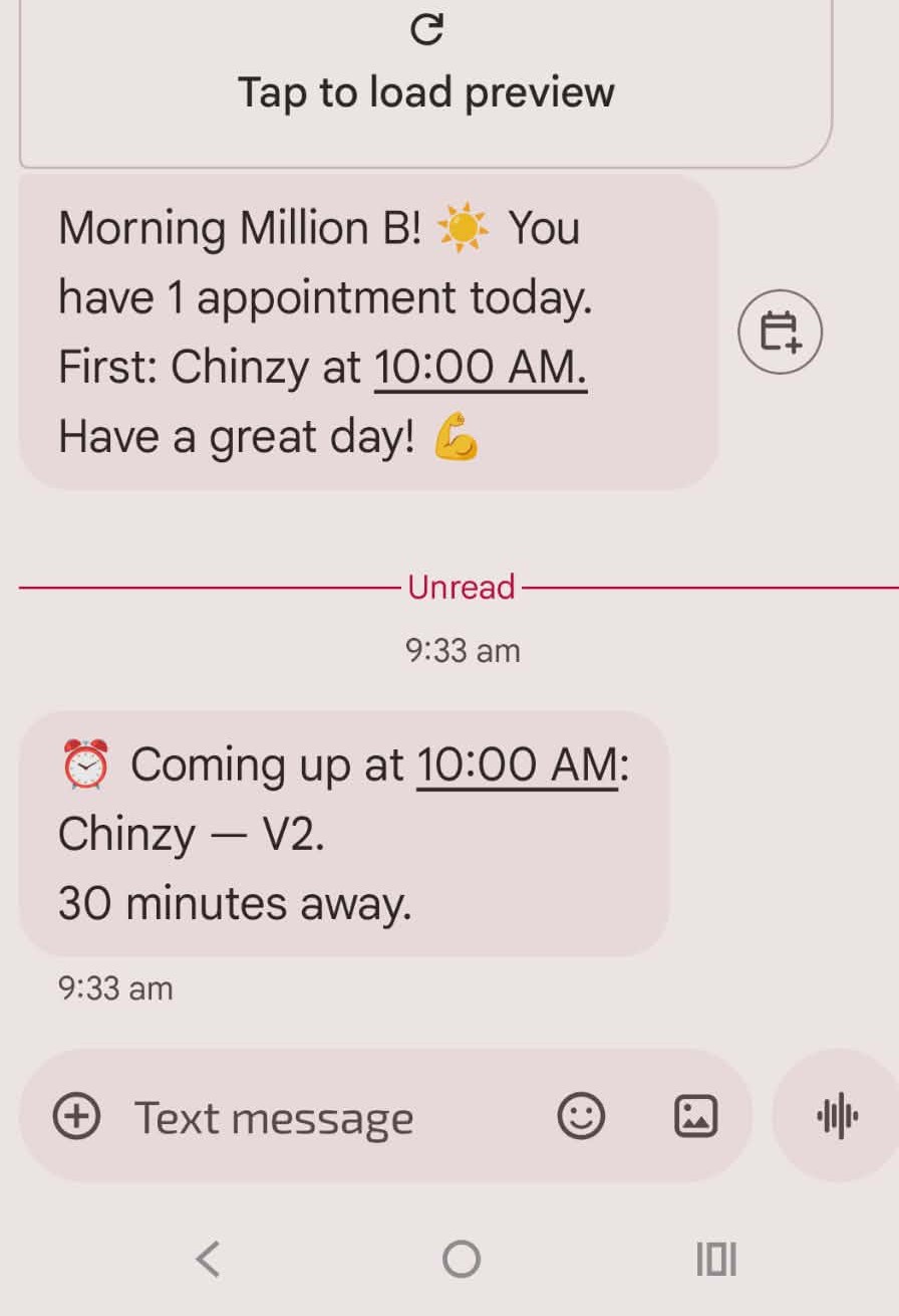 Morning briefing and 30-min reminder SMS