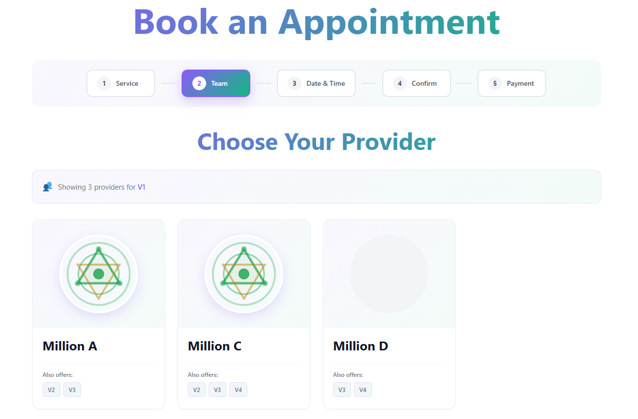 Booking step 2 — team selection