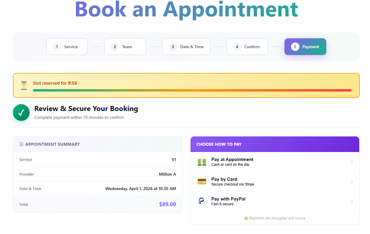 Booking step 5 — payment with countdown
