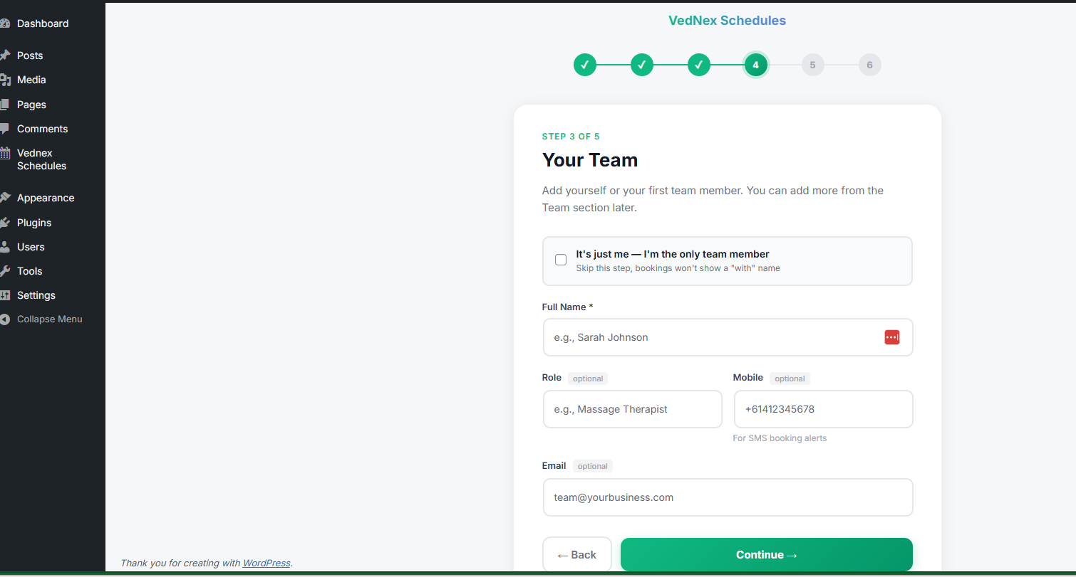 Team member setup