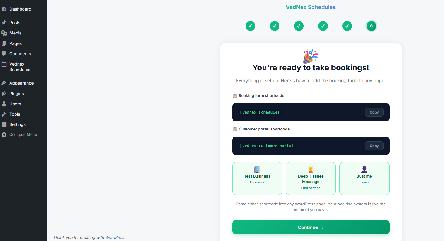 Shortcodes ready screen