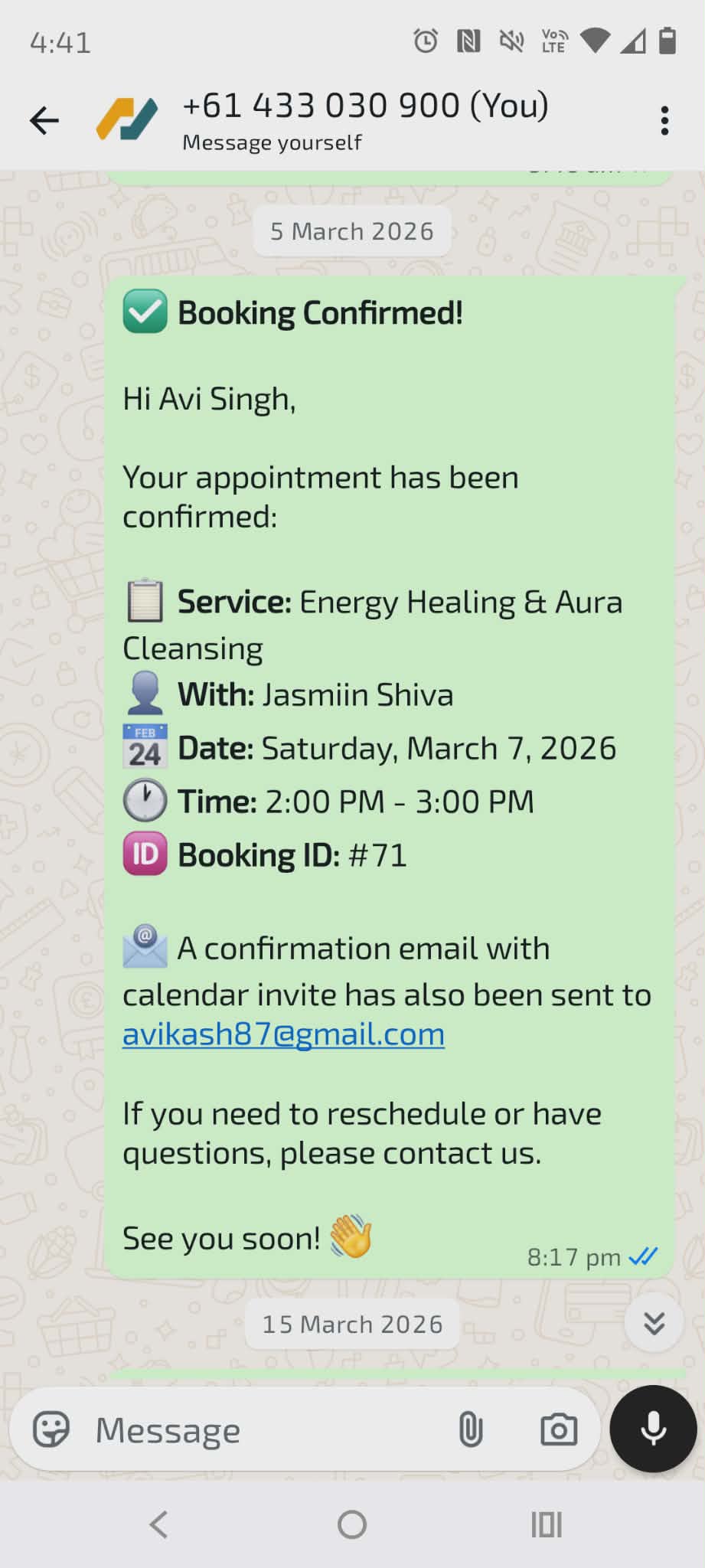WhatsApp booking confirmation