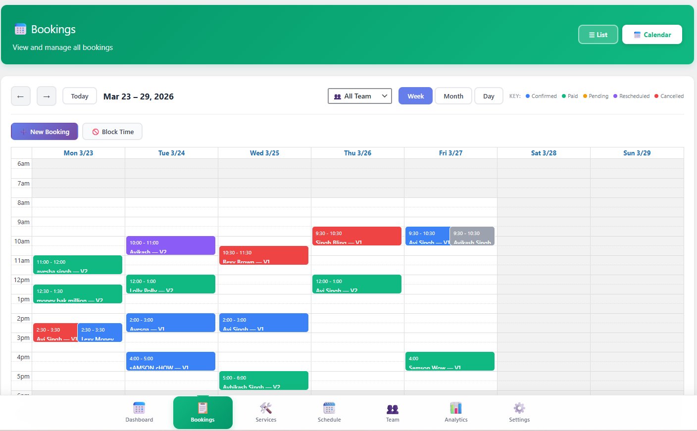 Bookings calendar view — week, colour-coded
