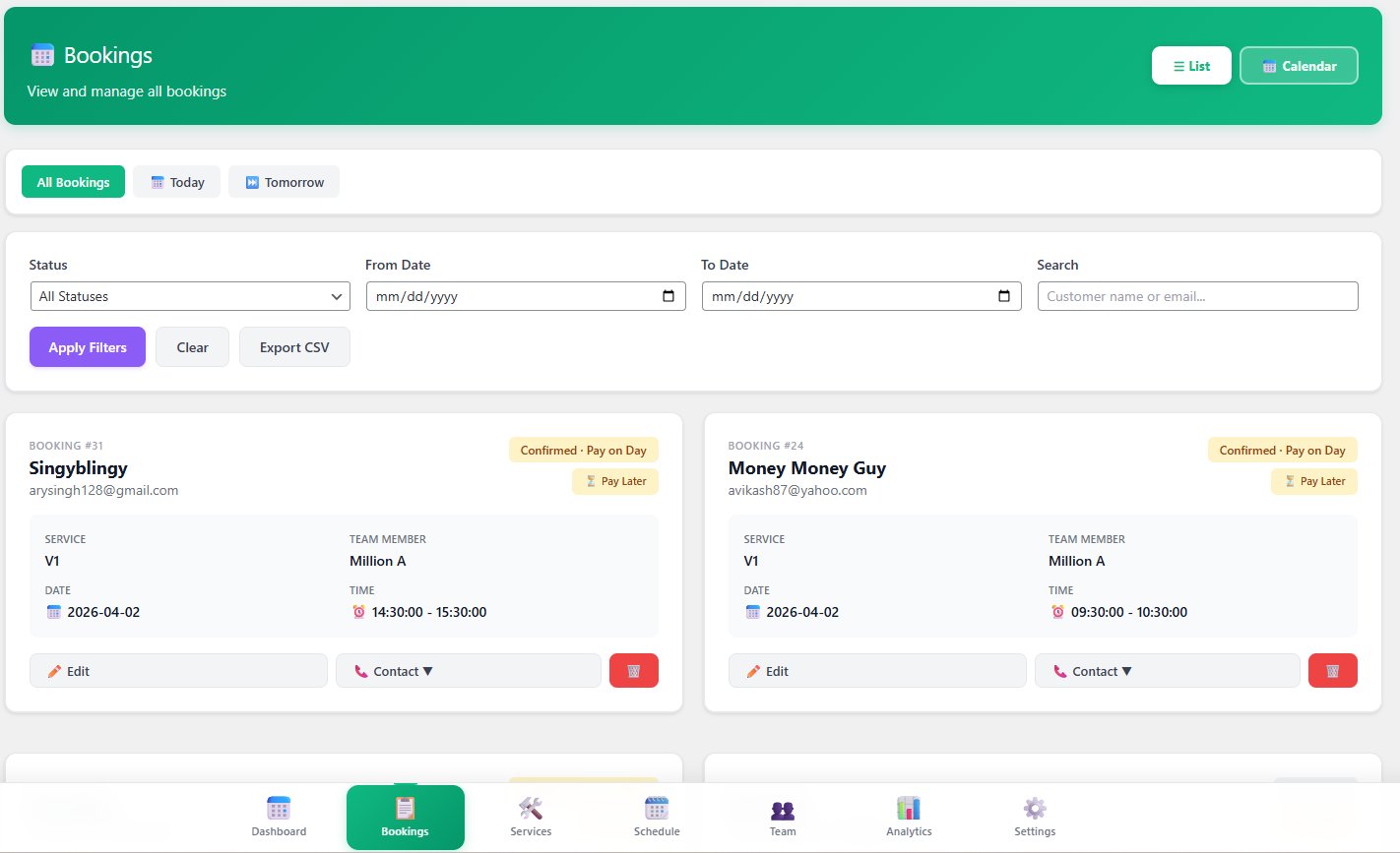 Bookings list view with filters