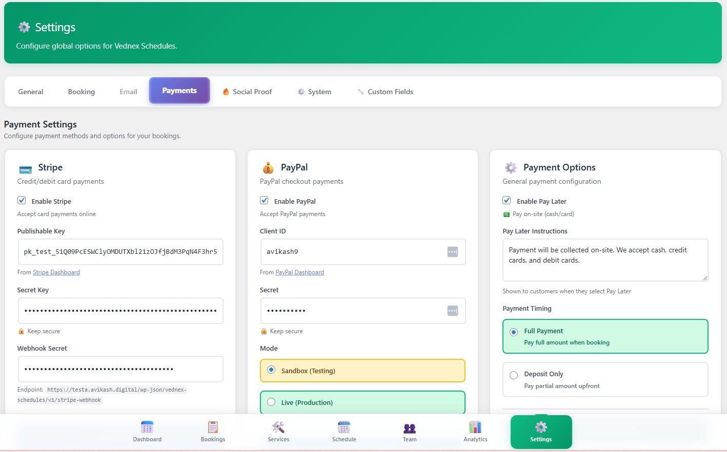 Payment settings — Stripe, PayPal, Pay Later