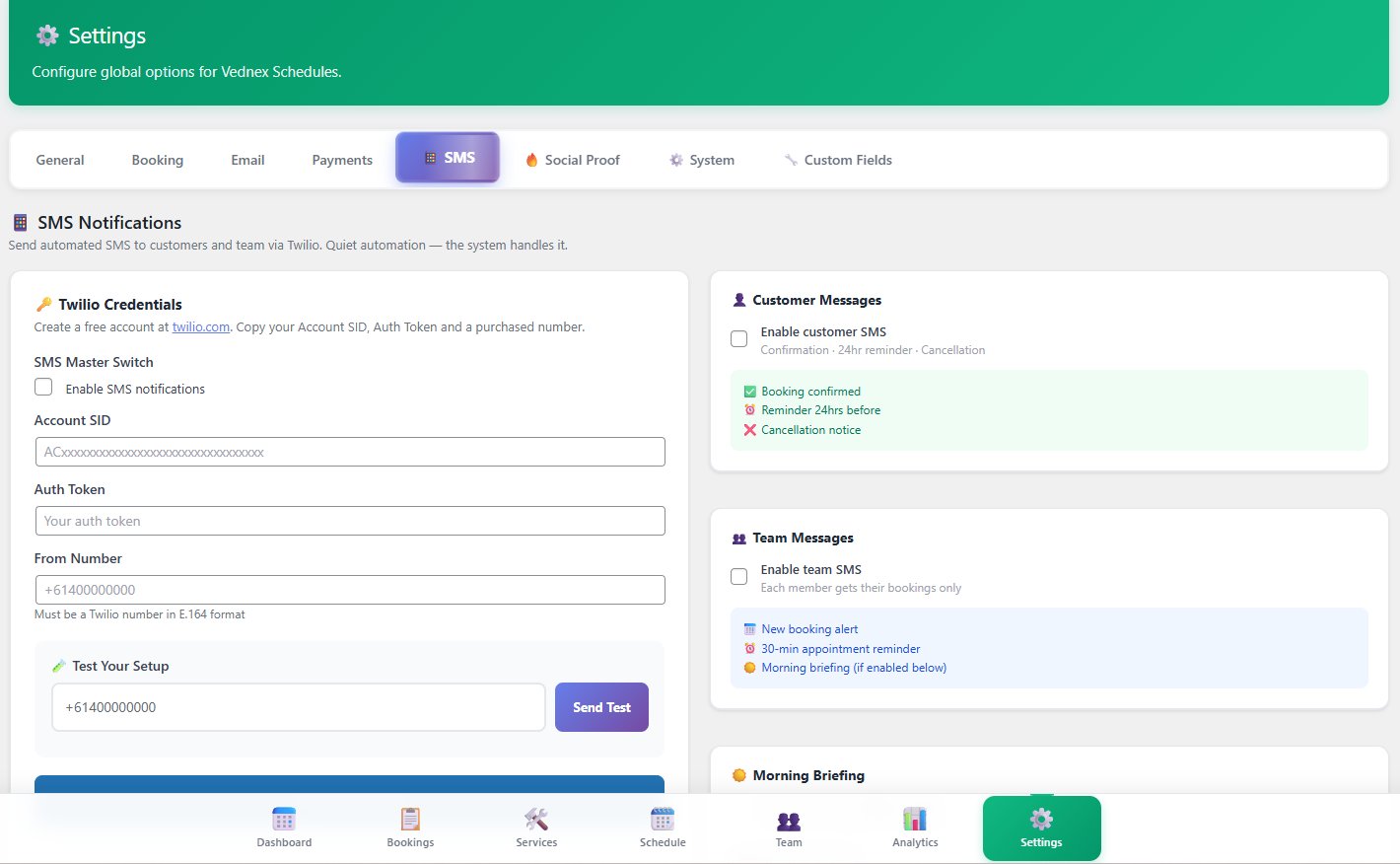 SMS settings — Twilio, customer and team messages