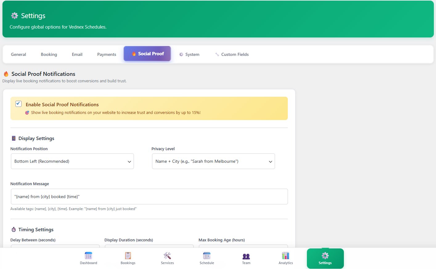 Social proof settings